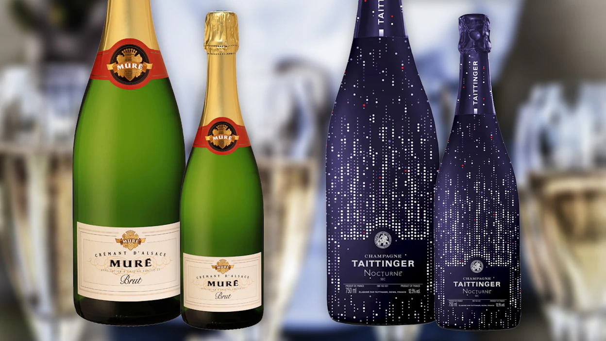 Vasemmalla vuoden kuohuviini 2023 Muré Crémant d’Alsace ja oikealla vuoden samppanja 2023 Taittinger Nocturne.