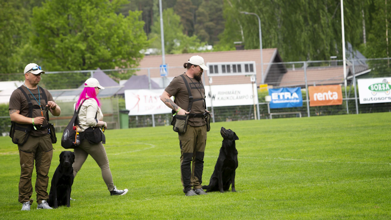 Torstaina Erämessujen ensimmäisessä noutajakoiranäytöksessä olivat mukana Anna Rastas (kesk.), Jukka Rastas (oik.) Ymir-koiran kanssa sekä Timo Rantanen Milo-koiran kanssa.