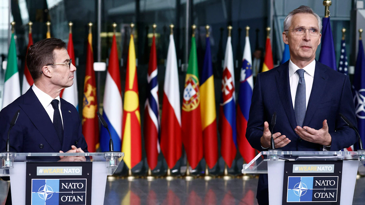 Juhlallisuudet alkoivat Ruotsin pääministerin Ulf Kristerssonin (vas.) ja Naton pääsihteerin Jens Stoltenbergin puheilla ja lehdistötilaisuudella. LEHTIKUVA / AFP.
