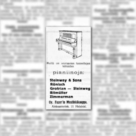 Fazerin musiikkikauppa mainosti MT:ssa sata vuotta sitten useita eri pianomerkkejä.