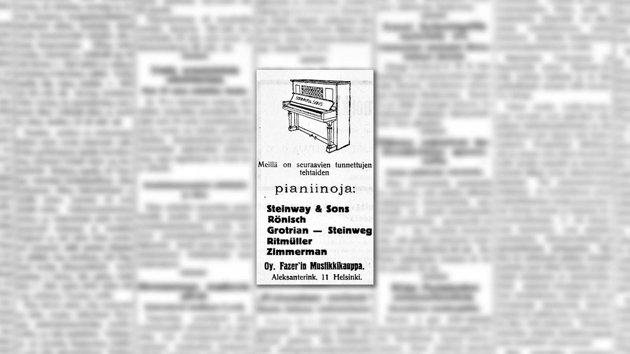 Fazerin musiikkikauppa mainosti MT:ssa sata vuotta sitten useita eri pianomerkkejä.