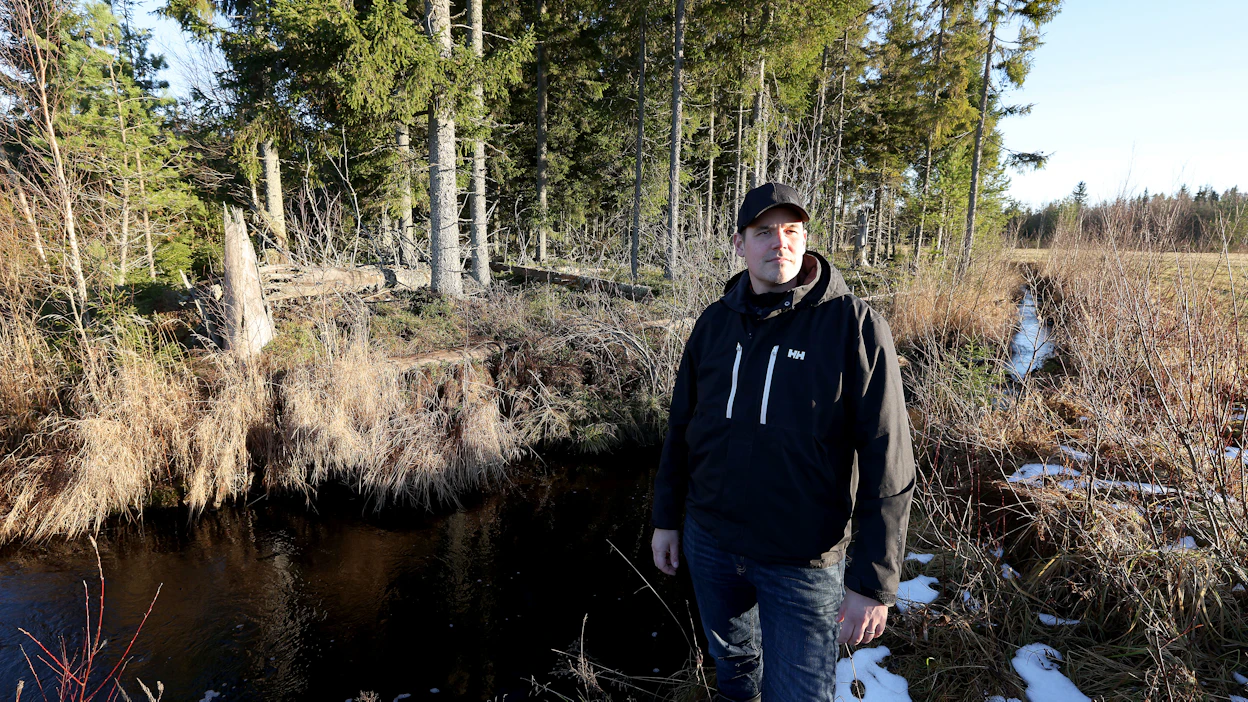 Tapio Kallioniemi taustallaan puron suojakaistale, jonka ely-keskus määräsi 30 metrin levyiseksi.