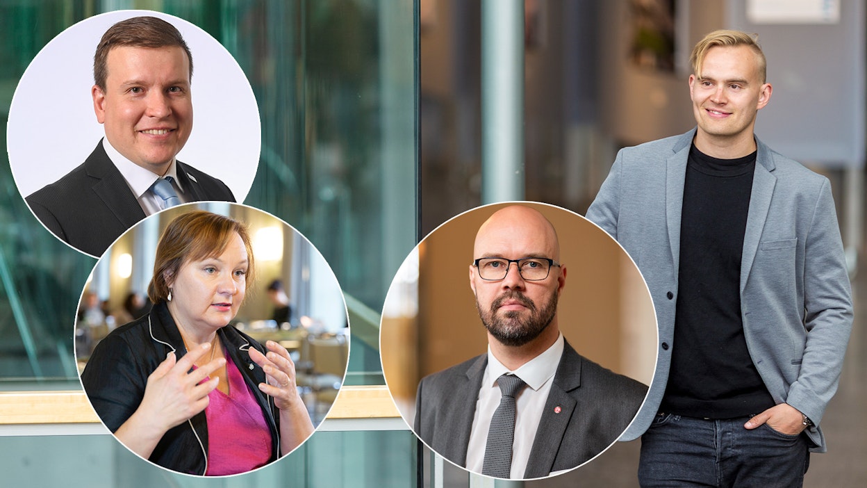 Ville Tavio (ps.), Anne Kalmari (kesk.), Kim Berg (sd.) ja Atte Harjanne (vihr.) kommentoivat puolueidensa kantaa ennallistamisasetukseen.