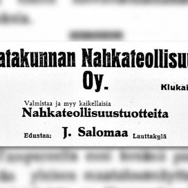 Satakunnan Nahkateollisuus Oy mainosti ”kaikellaisia Nahkateollisuustuotteita”.