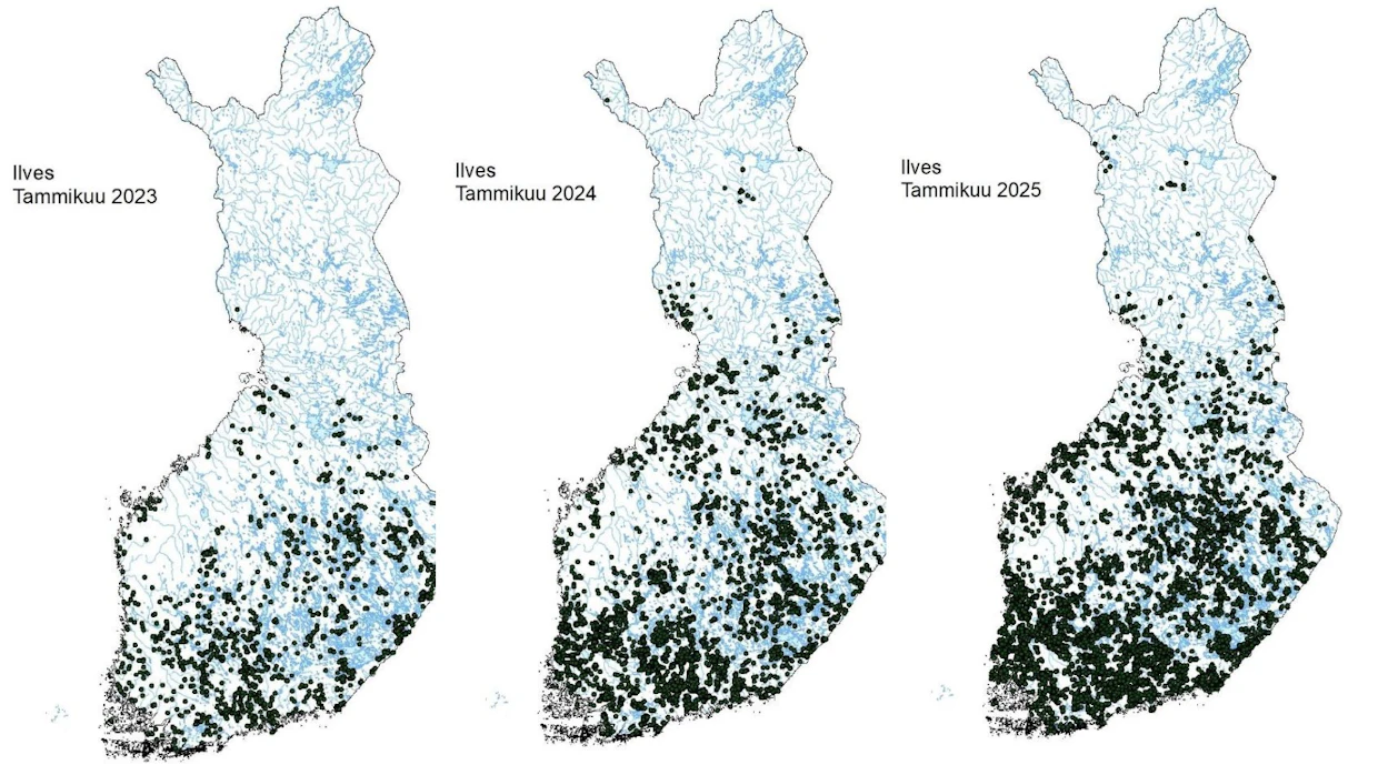 Vuosien 2023, 2024 ja 2025 tammikuussa tehdyt ilveshavainnot.