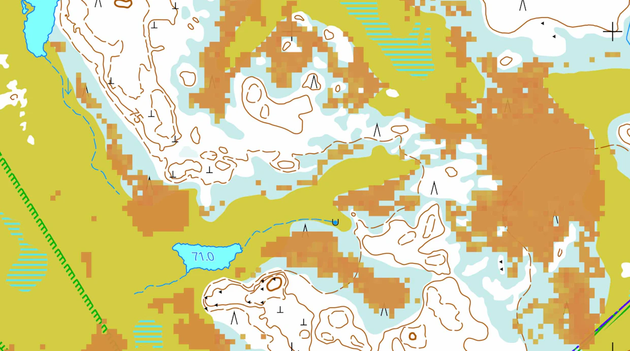 Mitä tummempi ja laajempi alue neliöitä on, sitä todennäköisemmin alue soveltuu hillan kasvupaikaksi.