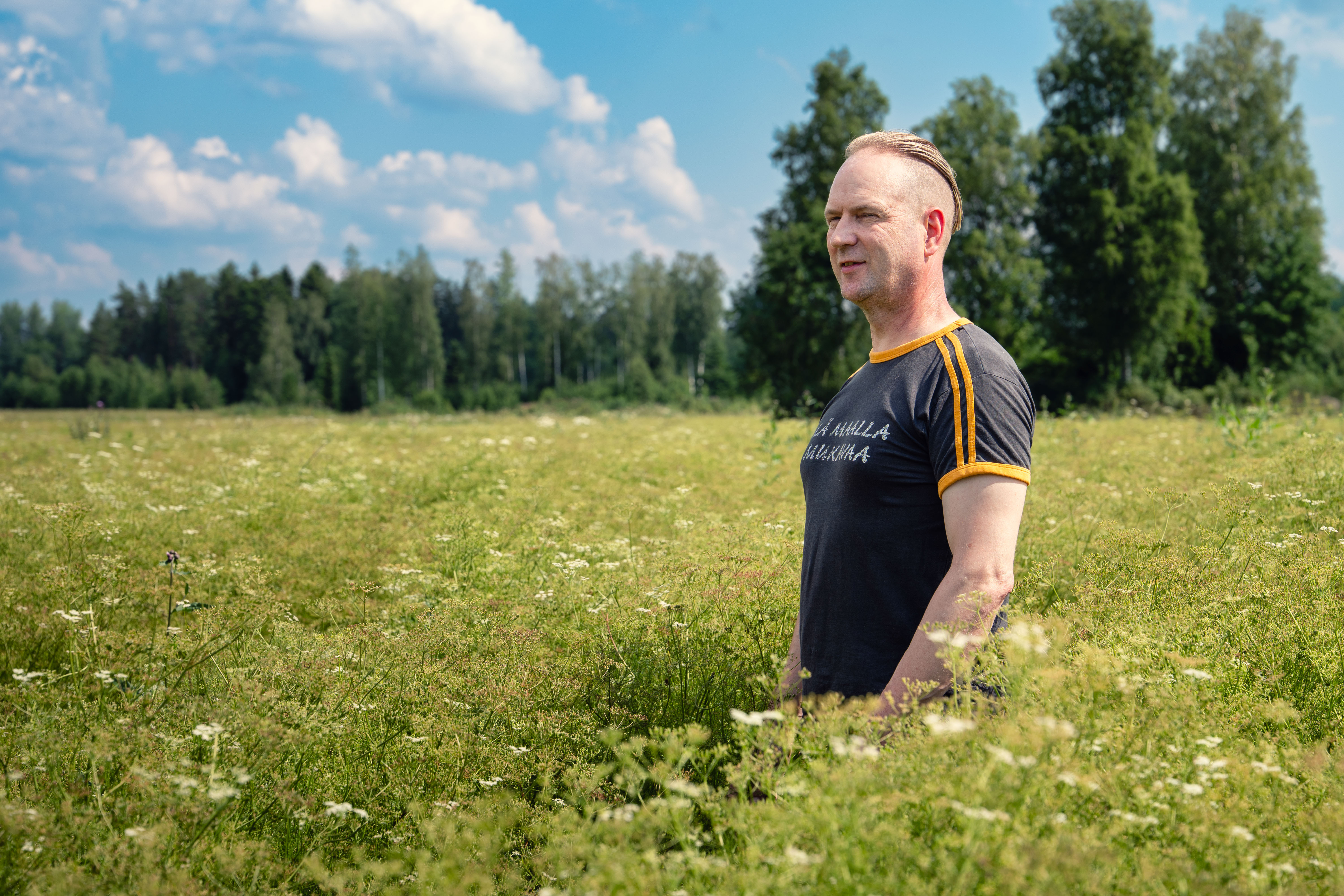 Porilainen Jarkko Juhola on viljellyt kuminaa jo 16 vuotta. Toisen kesän korkea kasvusto ei painu lakoon kovallakaan sateella. 