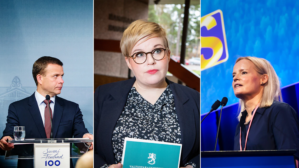 Kokoomuksen Petteri Orpo, keskustan Annika Saarikko ja perussuomalaisten Riikka Purra.