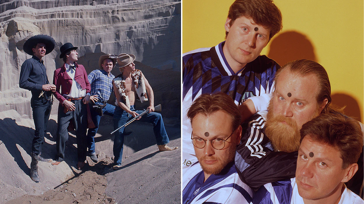 Vasemmalla Leevi and the Leavings (Karastie, Paananen, Sundqvist ja Leivo) villin lännen tunnelmissa nummelalaisella hiekkakuopalla vuonna 1981. Oikealla Johanneksen Dynamon pelipaidat ja kastimerkit edustivat Leavings-tyyliä vuonna 1995 (Niklas Nylund, Risto Paananen, Gösta Sundqvist ja Juha Karastie.