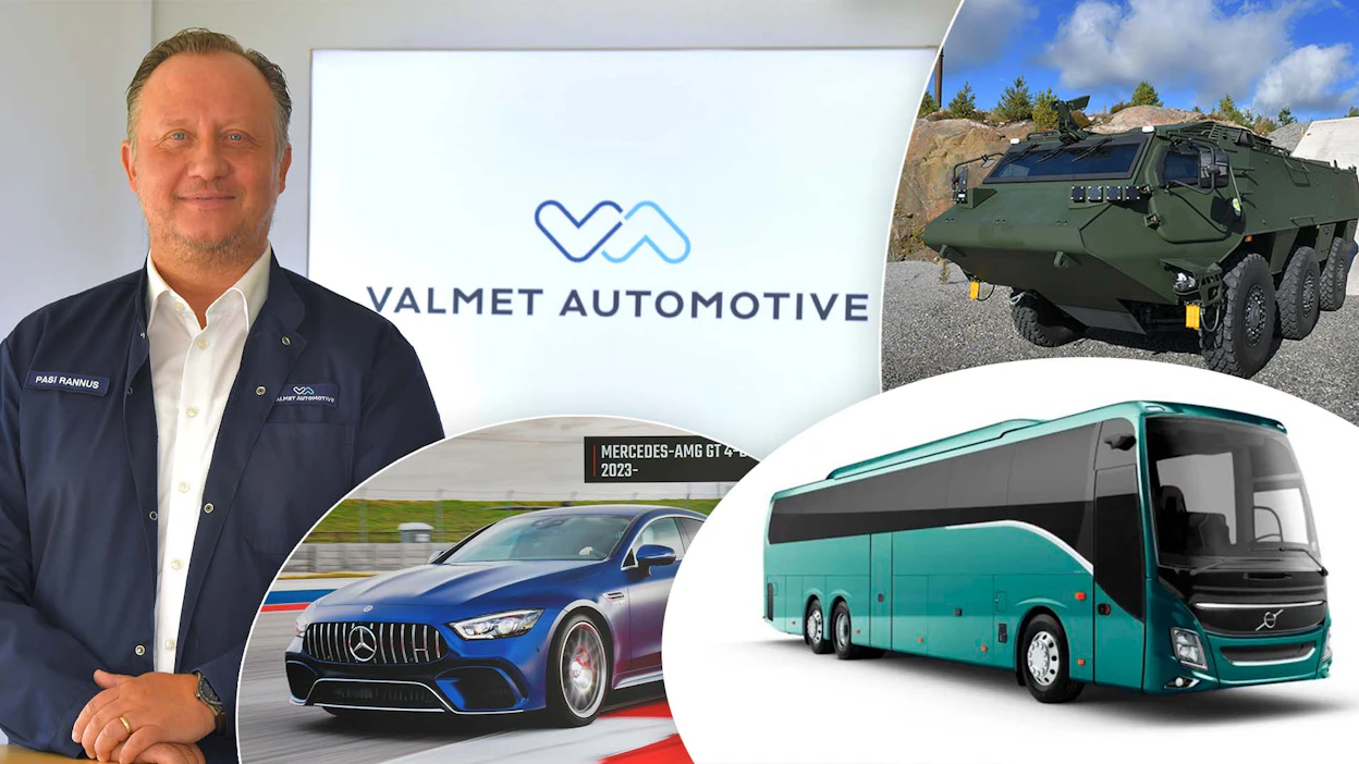 Valmet Automotiven toimitusjohtaja Pasi Rannus on innoissaa yhtiön uudesta suunnasta. Kuvassa tehtaalla valmistettuja ja valmistettavia tuotteita.