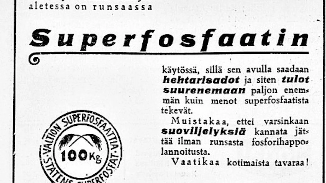 MT:ssä mainostettiin sata vuotta sitten superfosfaattia avuksi rukiin ja vehnän hintojen alenemiseen.