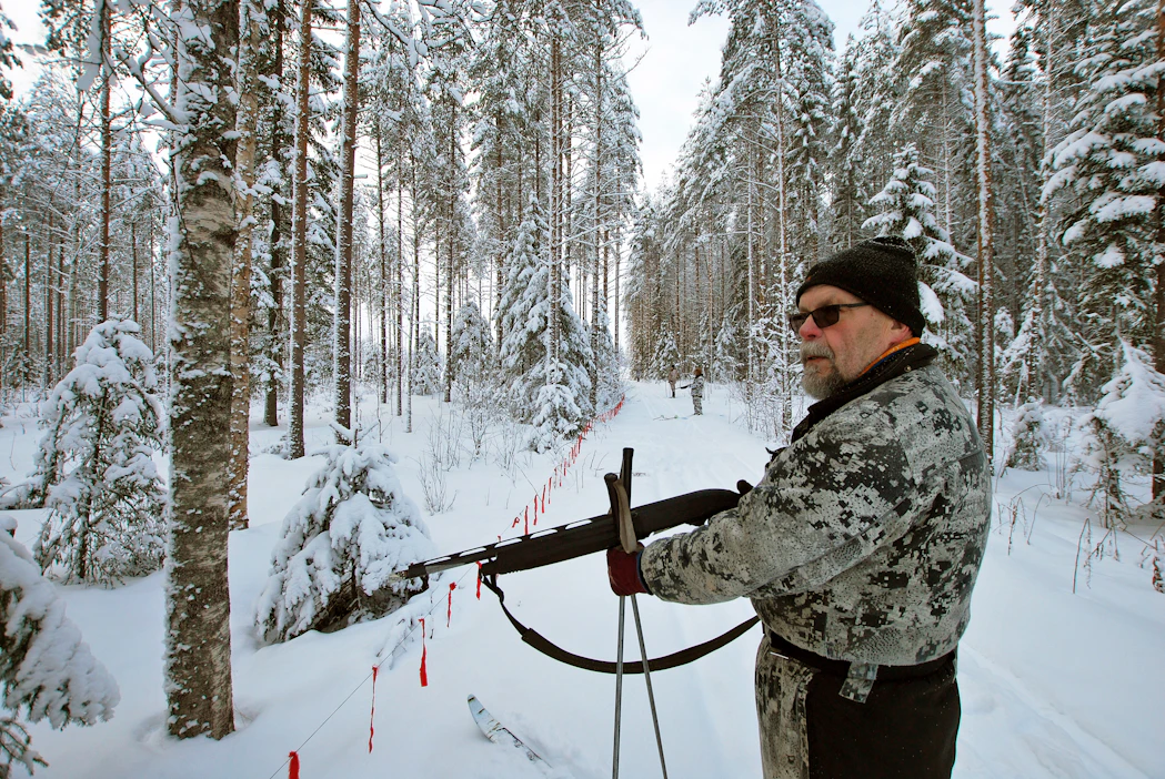 Passissa täytyy pysytellä hiljaa, sillä kettu liikkuu hiihtäjän edellä kiireettömästi ja se kuulee pienenkin äänen”, Jouko Jokelainen kuiskuttelee.