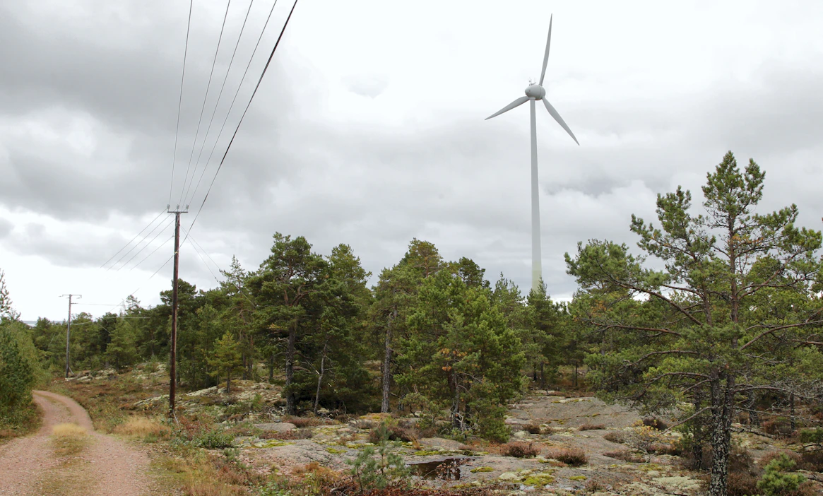 Yksittäinen tuulivoimala tarvitsee laajan pinta-alan. Lisäksi sähkölinjojen rakentaminen vie maa-alaa. Kuvituskuva.