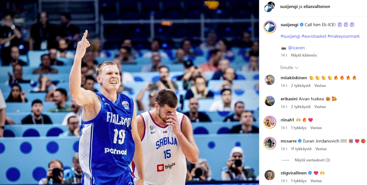Elias Valtosen tykittämiä kolmen pisteen heittoja hehkutaan Susijengin Instagram-sivulla. Korien turvin Susijengi kukisti eilen ennakkosuosikki Serbian.