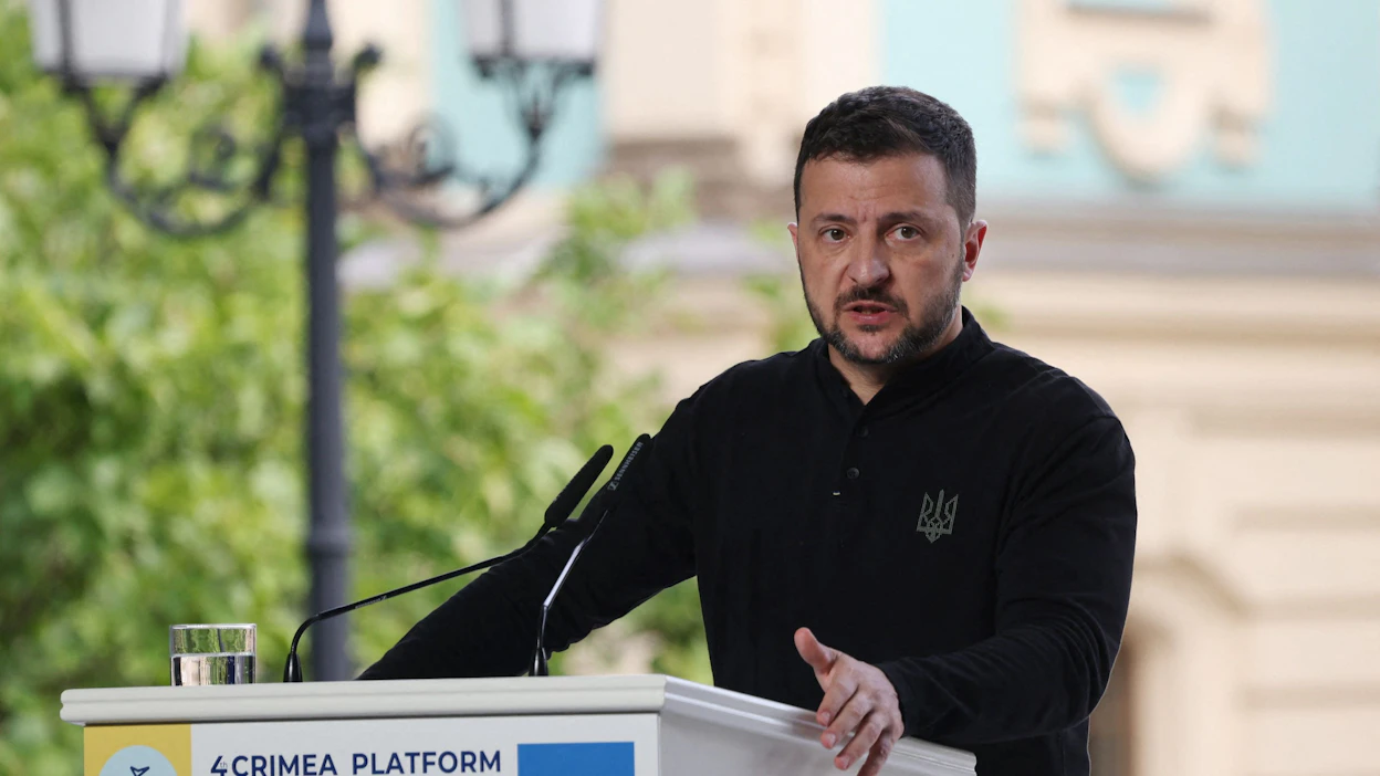 Ukrainan presidentti Volodymyr Zelenskyi puhui medialle sen jälkeen, kun hän oli tavannut Kiovassa vierailulla olevan Yhdysvaltain ulkoministerin Antony Blinkenin. LEHTIKUVA/AFP.