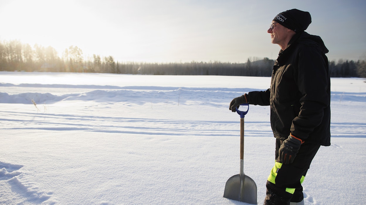 Kalle Hankamäki kävi pellollaan katsomassa, miten kumina jakselee puolen metrin lumipeitteen alla. ”Ei ole jäätä muodostunut eli yksi huoli vähemmän.”