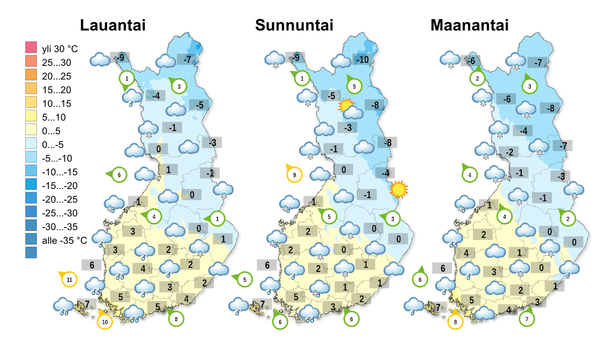 Sää jatkuu tasaisen harmaana lähes koko maassa, lähinnä Lapissa pilvipeite voi välillä rakoilla.