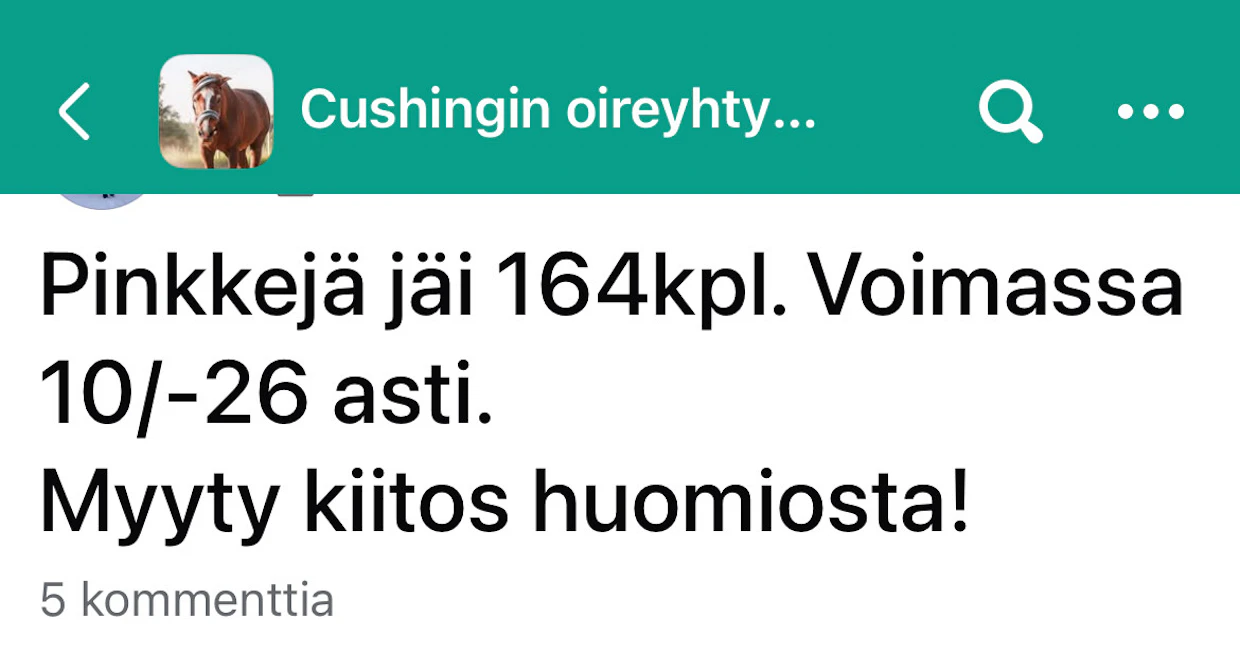 Esimerkki hevosen PPID-lääkkeiden kaupankäynti-ilmoituksesta sosiaalisessa mediassa.