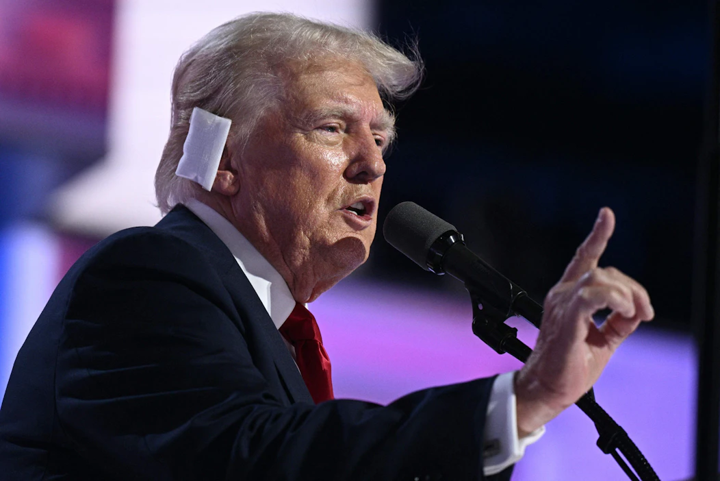 Donald Trump piti perjantaiaamuna Suomen aikaa puheen republikaanien puoluekokouksessa. LEHTIKUVA/AFP.