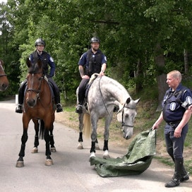 Ohjelmassa esitellään hevosten kouluttamista erilaisiin ärsykkeisiin. Oikealla toimittaja Juha Jokinen vierellään Jukka Aarninsalo.
