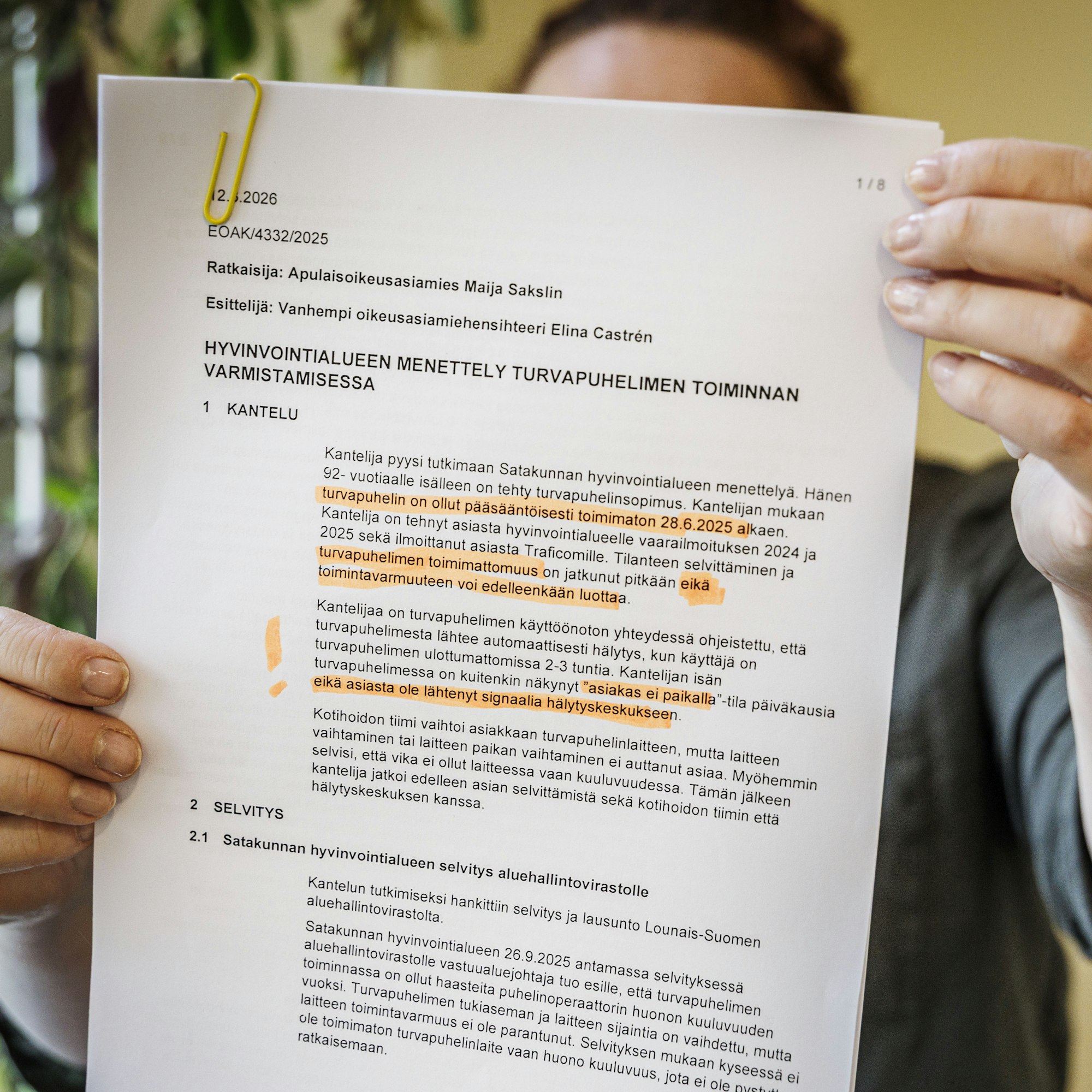MT tapasi tyttären. Hän oli tulostanut eduskunnan oikeusasiamiehen ratkaisun.