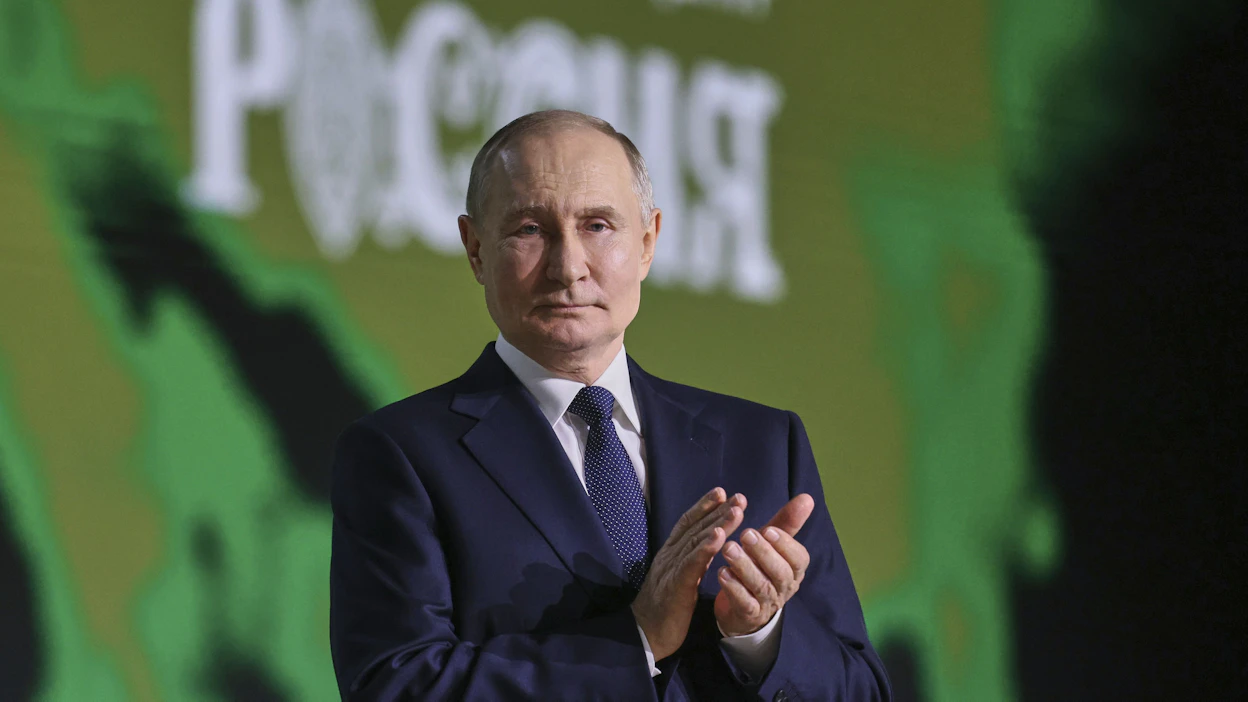 Venäjän presidentti Vladimir Putin Kansanrintama-liikkeen ”Kaikki voiton puolesta!” -foorumissa, joka järjestettiin Moskovassa 6.7.2025.