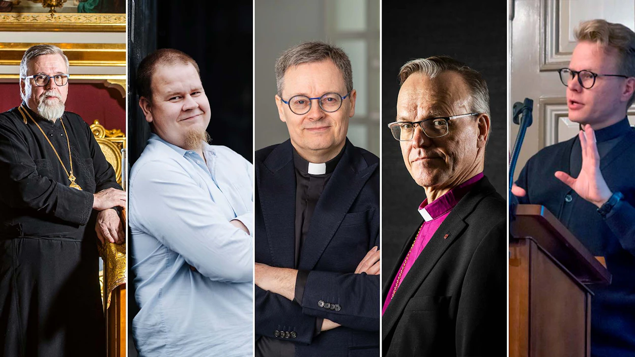 Vasemmalta Suomen ortodoksisen kirkon arkkipiispa Elia, Herättäjäyhdistyksen toiminnanjohtaja Kalle Hiltunen, SLEY:n toiminnanjohtaja Tom Säilä, Suomen evankelis-luterilaisen kirkon arkkipiispa Tapio Luoma ja katolisen kirkon pappi Oskari Juurikkala.