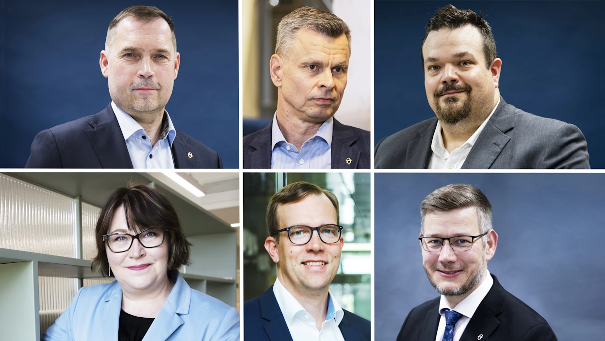 MTK:n puheenjohtajaehdokkaat Tero Hemmilä, Juha Junnila, Antti Kangas, Kati Partanen, Ilkka Pohjamo ja Eerikki Viljanen.