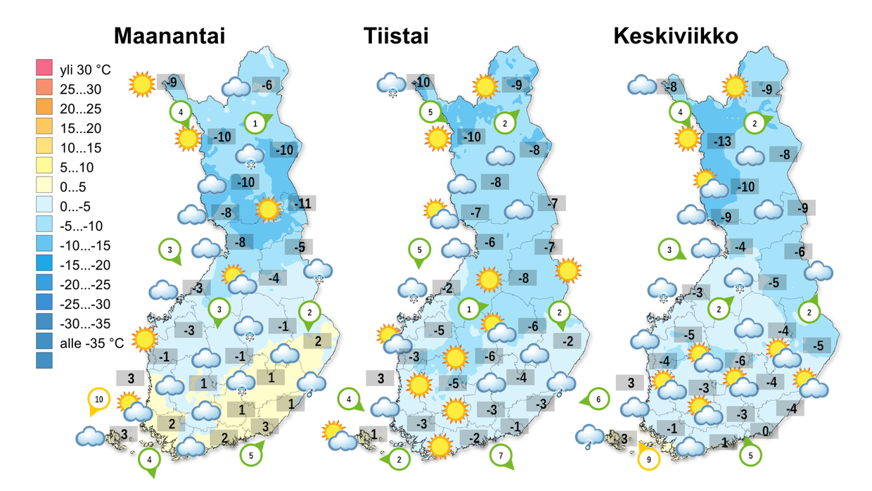 Todennäköisimmin Suomessa sataa alkuviikolla yli 10 senttimetriä lunta paikoin maan itäosassa, kymmenen sentin lähelle voidaan päästä myös Merenkurkun ja Varsinais-Suomen rannikoilla.