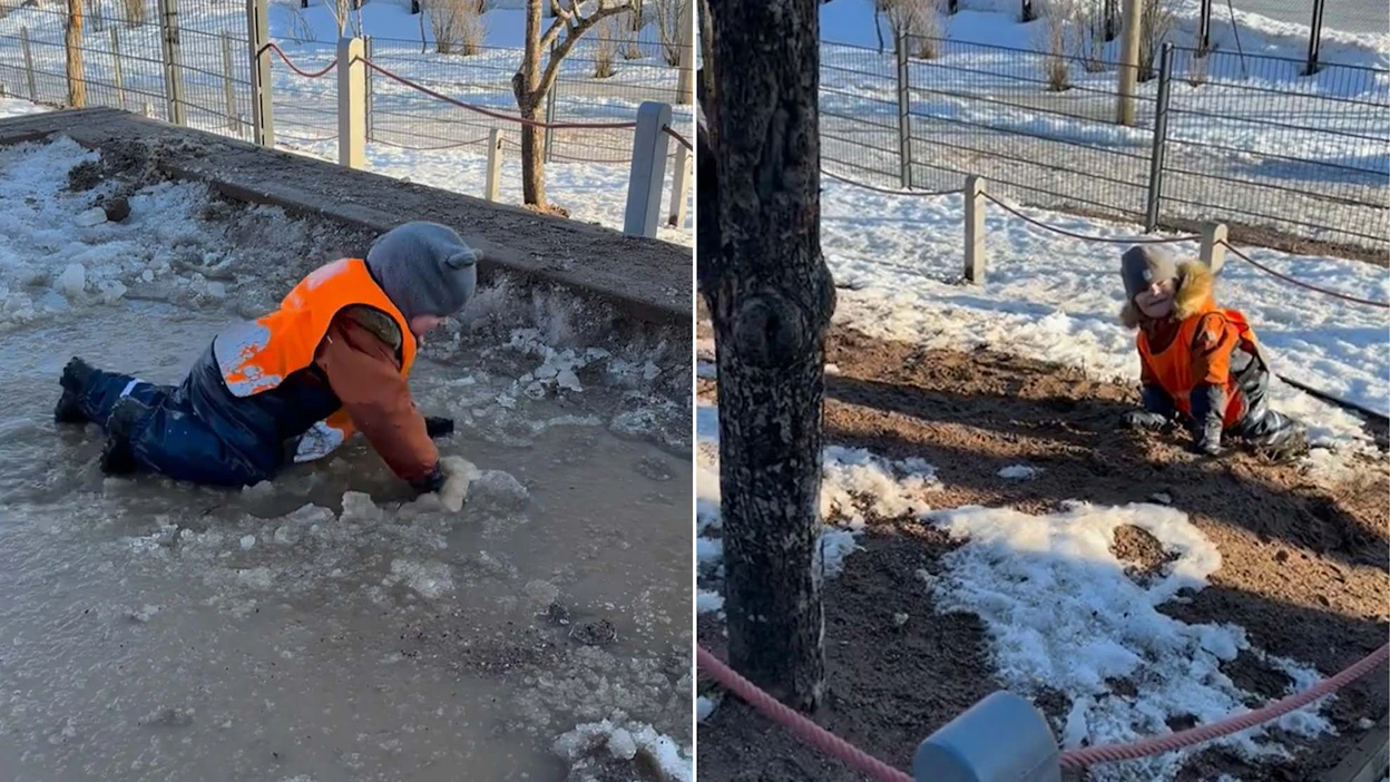 Pavlo nauttii parhaansa mukaan kuravesialtaaksi muuttuneesta hiekkalaatikosta ja Grigory möyrii hiekkaisessa lumessa.