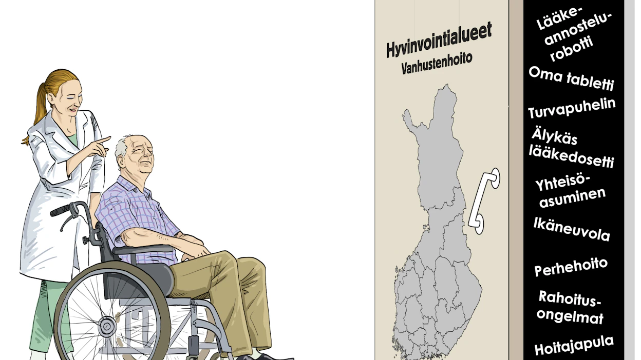 Ikäihmisiä hoidetaan jatkossa entistä enemmän ikäneuvolassa ja kotihoidossa käytetään teknologisia laitteita, kuten tablettia, jolla saa sairaanhoitajaan yhteyden.