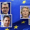 EU-komission pj. von der Leyen ja parlamentin suurimman ryhmän ykkönen Weber (oikealla) paisuttaisivat EU-budjettia. Saksan Merz, Suomen Orpo ja Hollannin Jetten (vasemmalla) sanovat ei.