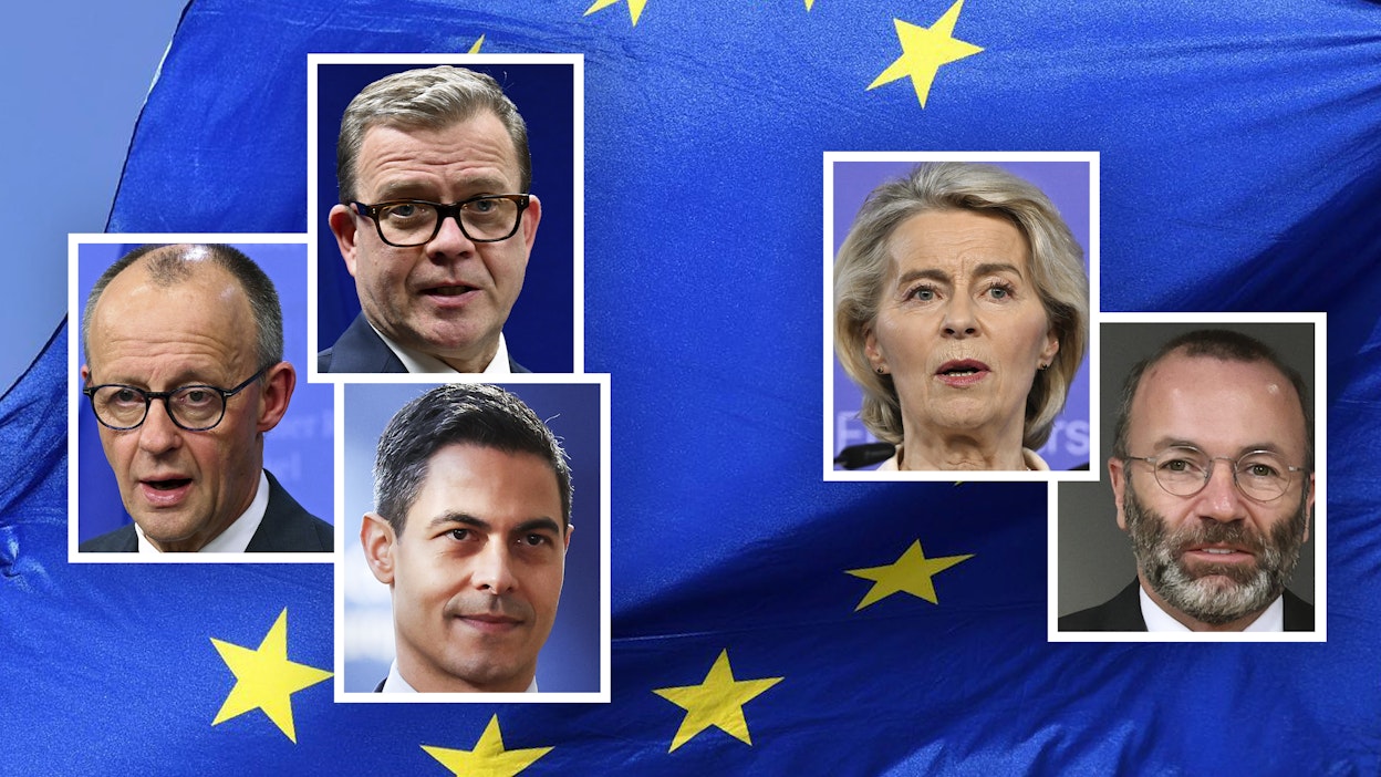 EU-komission pj. von der Leyen ja parlamentin suurimman ryhmän ykkönen Weber (oikealla) paisuttaisivat EU-budjettia. Saksan Merz, Suomen Orpo ja Hollannin Jetten (vasemmalla) sanovat ei.