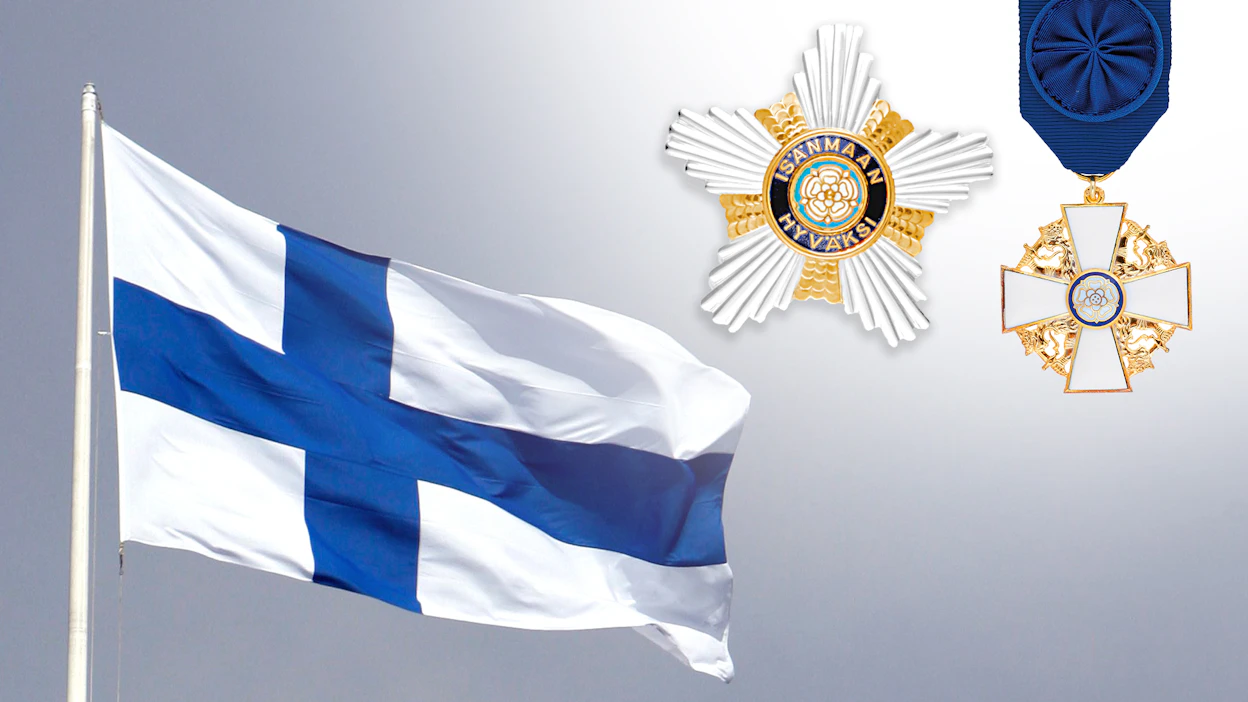 Suomen itsenäisyyspäivää juhlitaan sunnuntaina 6. joulukuuta. Kuvassa ovat Suomen Valkoisen Ruusun suurristi ketjuineen ja Suomen Valkoisen Ruusun 1. luokan ritarimerkki.