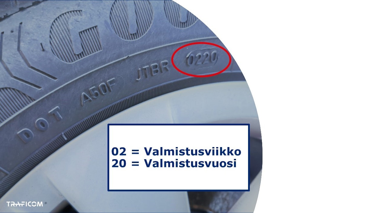 Renkaan valmistusajankohta selviää renkaan kyljen merkinnöistä.