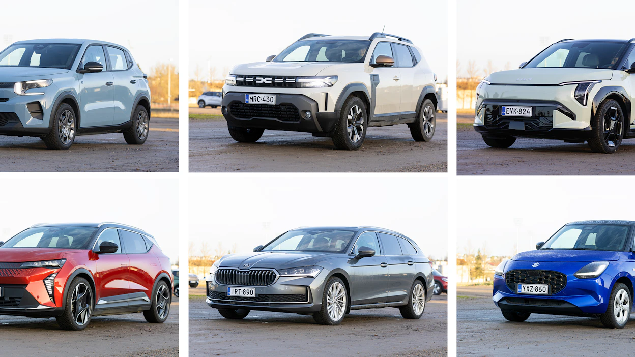 Vuoden Auto -kisan voittoa tavoittelevat Citroën C3/ë-C3, Dacia Duster, Kia EV3, Renault Scenic, Škoda Superb ja Suzuki Swift.