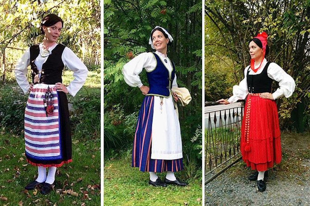 Mari Varonen kuvattuna Jääsken, Koillismaan ja Tiukan puvuissa.