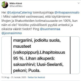 Mikko Kärnä julkaisi Twitterissä päivityksen, jossa hän syyttää Leijona Cateringia valehtelusta.