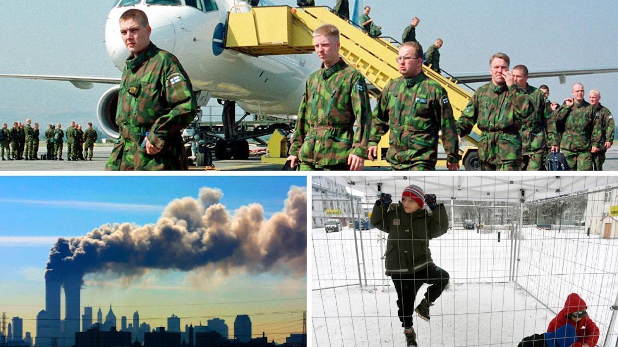 WTC-iskut 20 vuotta sitten ovat osa siinä, kuin terrorismi on muuttanut sodan käyntiä ja turvallisuutta. Kansainvälisten kriisien uusi luonne on tullut esiin Balkanilla ja Afganistanissa. Kriisit heijastuvat pohjolan perukoille asti, kuten talvi 2015–2016 osoitti. Ylimmässä kuvassa suomalaiset rauhanturvaajat Lipljanin lentokentällä Kosovossa vuonna 1999.