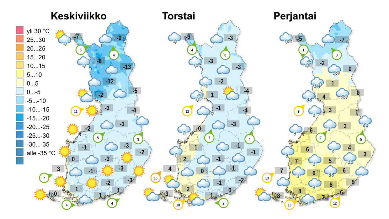 Keskiviikosta on tulossa laajalti poutainen päivä. Ainoastaan maan pohjoisosassa liikkuu päivän ja illan aikana vähäisiä lumisateita.