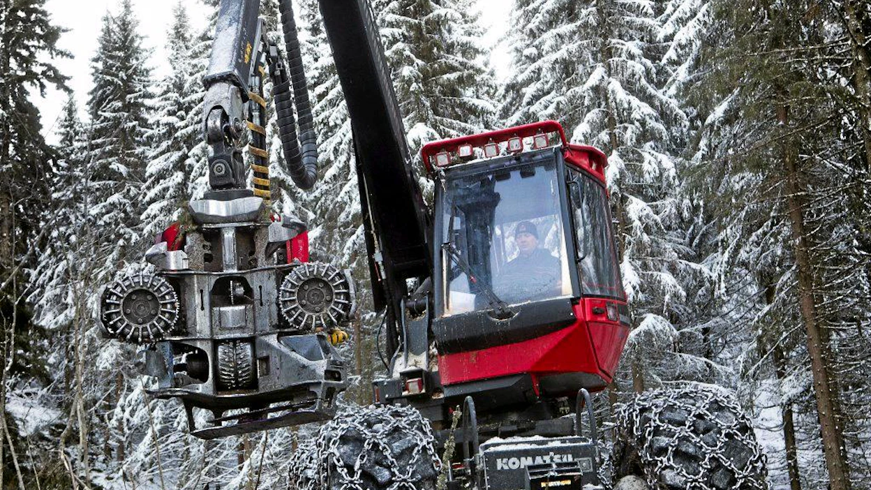 Sotkamon mhy:n päätehakkuu vaaramaisemassa. Monitoimikoneenkuljettaja Markus Määttä kaatoi 90-vuotiasta kuusikkoa Sotkamon Hyvölässä.
METSÄPLUS 9.12.2013