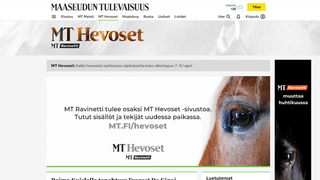 Maaseudun Tulevaisuuden nettisivut uudistetaan huhtikuussa. Samalla nykyiset Ravinetti- ja Hevoset-osastot yhdistetään.