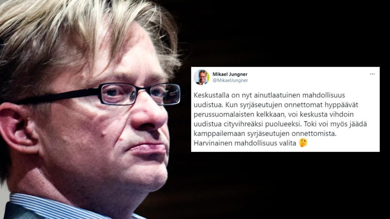 Toimitusjohtaja, entinen Ylen pääjohtaja ja kansanedustaja Mikael Jungner pohtii twiitissään keskustan mahdollisuuksia "uudistua cityvihreiden puolueeksi" tai "jäädä kamppailemaan syrjäseutujen onnettomista".