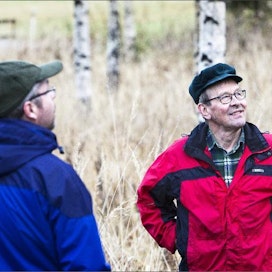 Jorma Jantunen (oik.) pääsi hoitamaan hänen tilalleen perustettua rauduskoivun jalostuskoetta, kun tilan pellot metsitettiin reilut 20 vuotta sitten. Vasemmalla Risto Hagqvist.