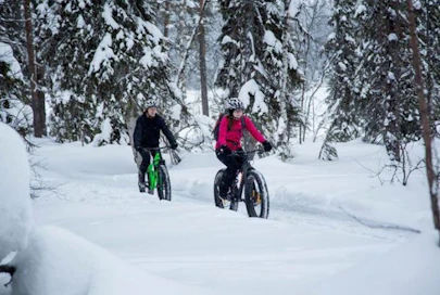 Pallas-Yllästunturin kansallispuistossa voi harrastaa maastopyöräilyä talvellakin.