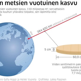 Jos kaikkien Suomen metsien vuosikasvu kuviteltaisiin yhtenä isona tolppana, yltäisi se maan pinnalta aina kuuhun asti.