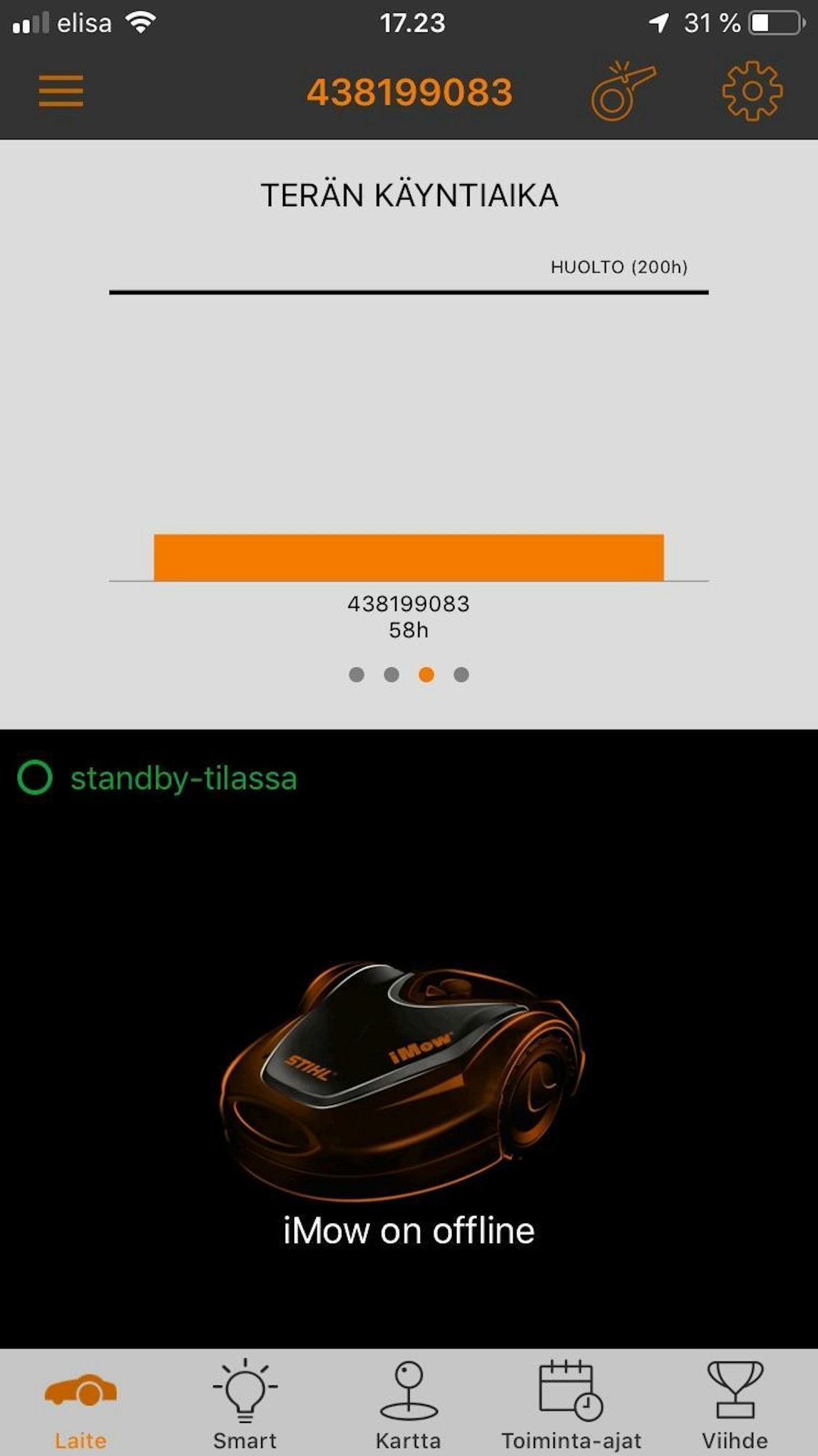 Mobiilisovellus näyttää havainnollisesti esimerkiksi viikon leikkuuajat. Testin leikkurissa oli mobiilidatayhteys ja GPS, joten leikkurin ohjaaminen etänä oli mahdollista.