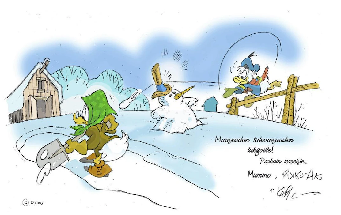Kari Korhosen tervehdys Maaseudun Tulevaisuuden lukijoille. Korhonen on käsikirjoittanut ja piirtänyt Pikku-Akua vuodesta 1999. Sarja sijoittuu maaseudulle, Kääkkylän kylään. Akun lisäksi tutuista hahmoina nähdään nuorempana vain Mummo Ankka.