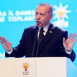 Turkin presidentti Recep Tayyip Erogan maan pääkaupunki Ankarassa maanantaina. LEHTIKUVA / AFP