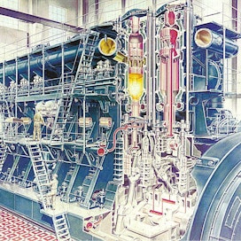 Tanskalaisen Burmeister &amp; Wain -yhtymän vuonna 1933 valmistunut 8-sylinterinen DM884 WD-150 oli 30 vuoden ajan maailman suurin ja tehokkain moottori. Sen teho 115 minuuttikierroksella on 22 500 hv, polttoainetta palaa tunnissa 2 900 kiloa. Moottori on tyypiltään 2-toiminen 2-tahtidiesel, eli polttoainetta ruiskutetaan vuorotellen männän ylä- ja alapuolelle. Koneen toimintaperiaate selviää tästä vanhasta halkileikkauskuvasta. Moottori on tehty sähköntuotantoa varten, 140 tonnia painavan kampiakselin päässä on 15 000 kilowatin ASEA-generaattori.